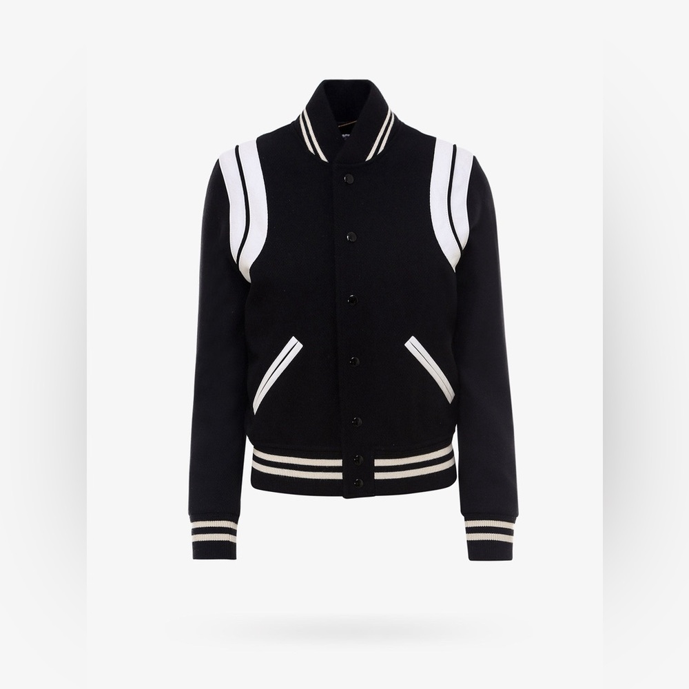 Saint Laurent Black and White Bomber Jacket with Contrasting Stripes